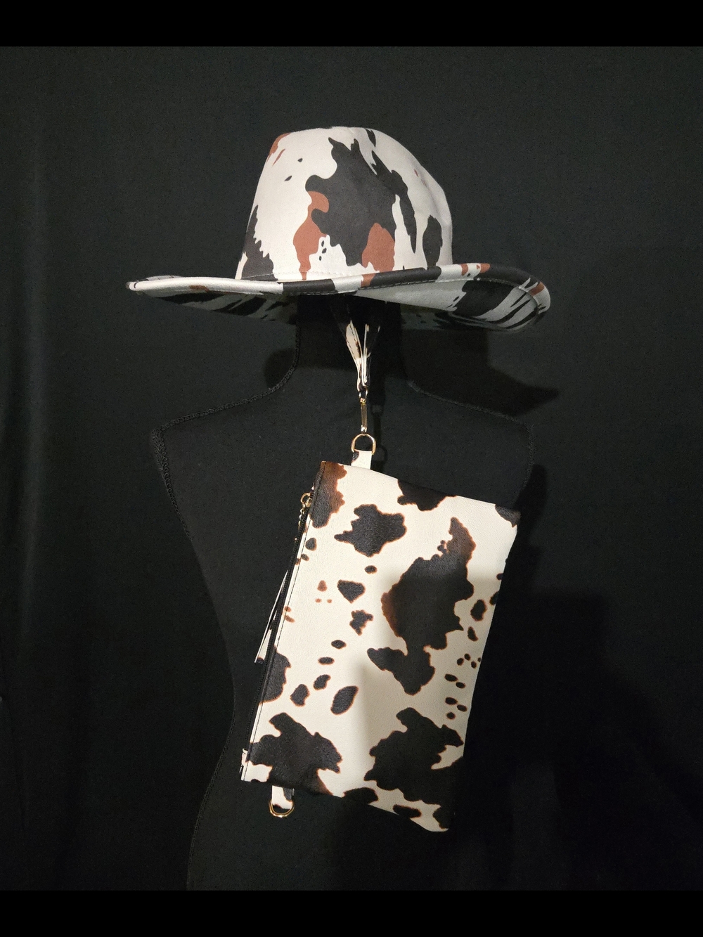 Cow Print Hat & Wristlet Set - Black, White, Brown NWT